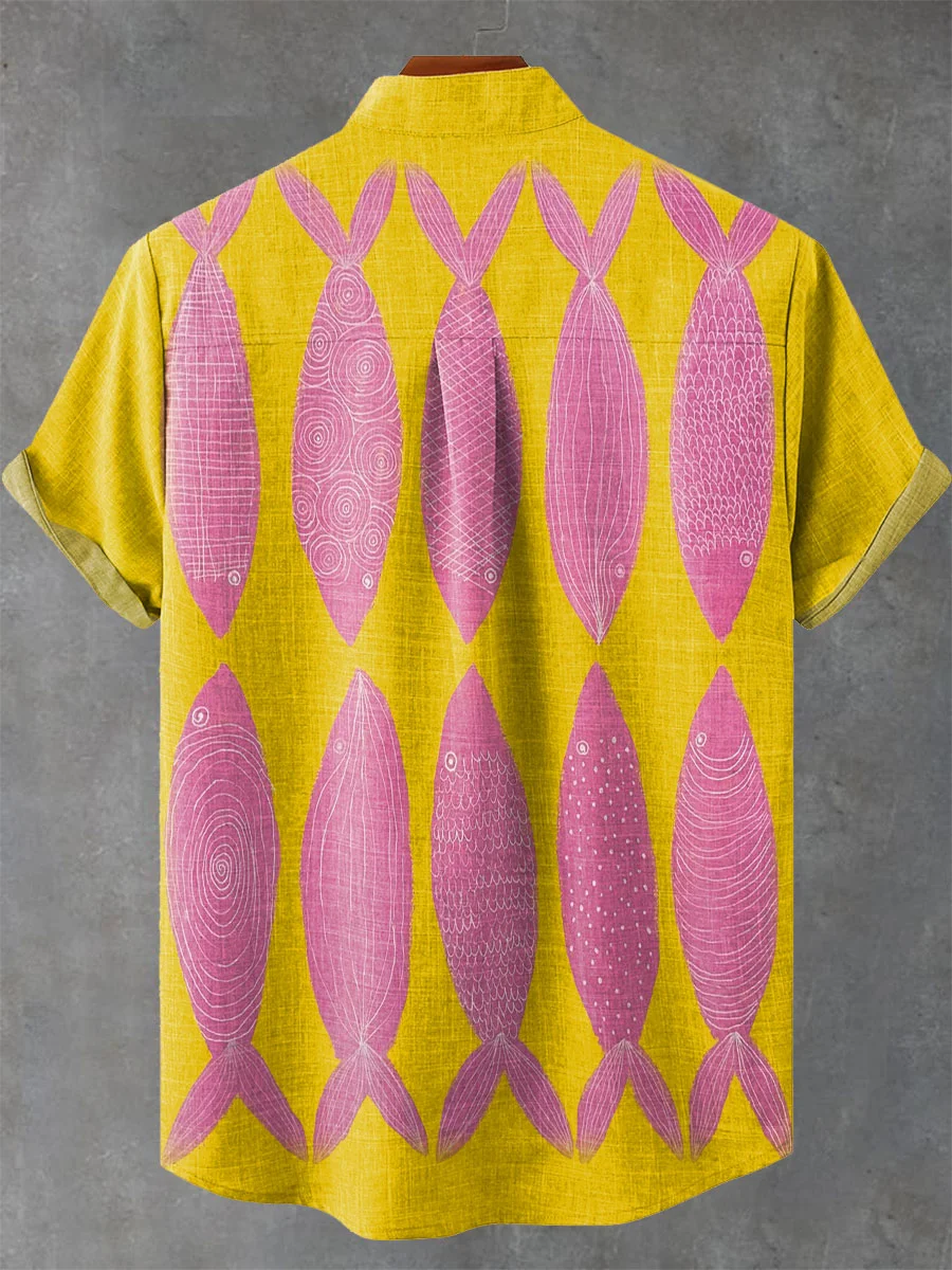 Vintage Pink Fishes Print Casual 100% Cotton Shirt