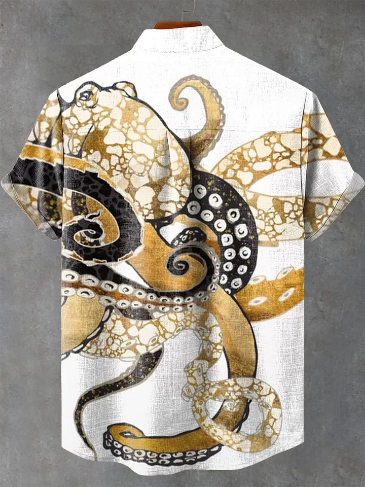 Vintage Fish Octopus Art Vintage Art Print Casual 100% Cotton Shirt