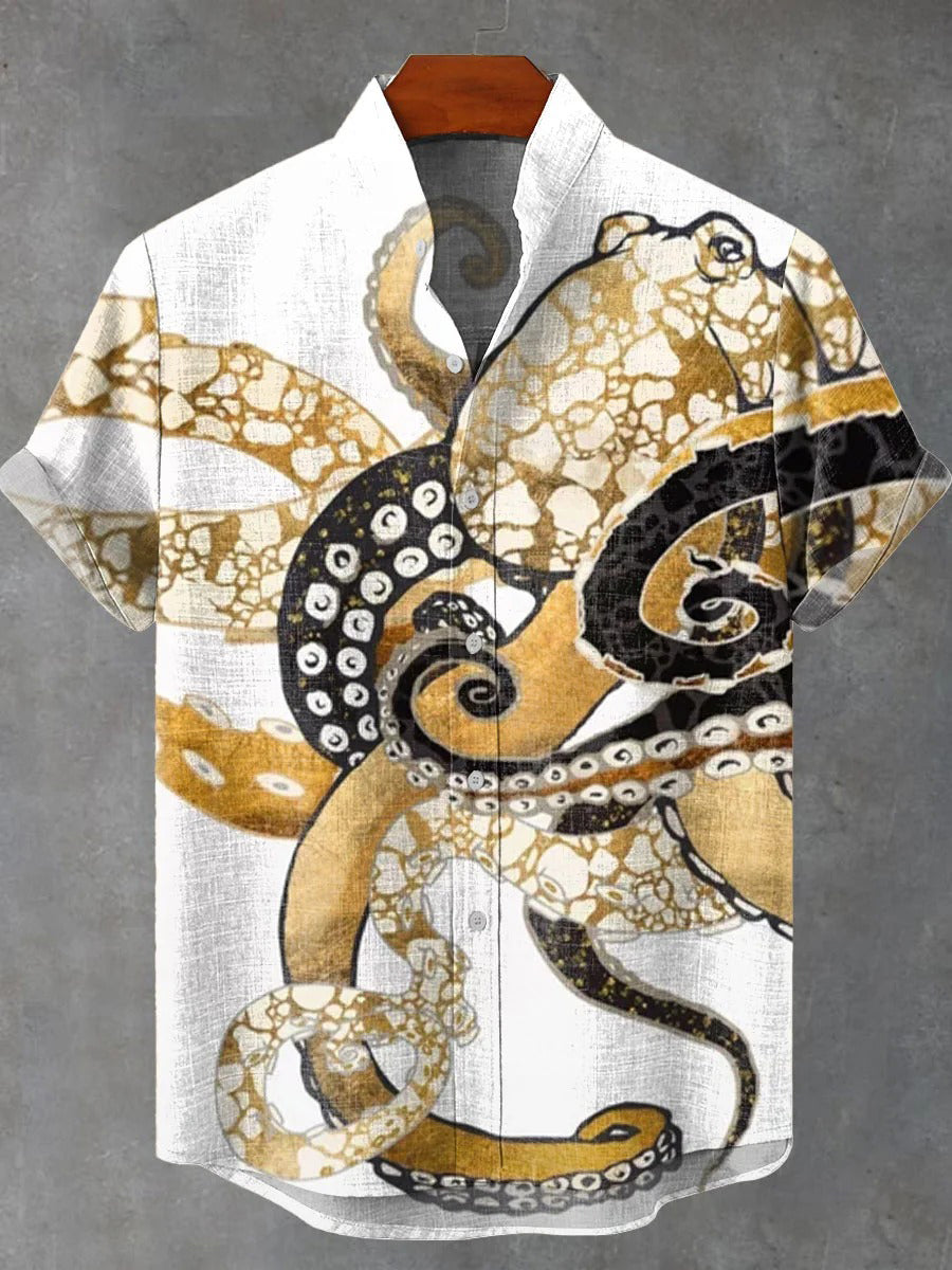Vintage Fish Octopus Art Vintage Art Print Casual 100% Cotton Shirt