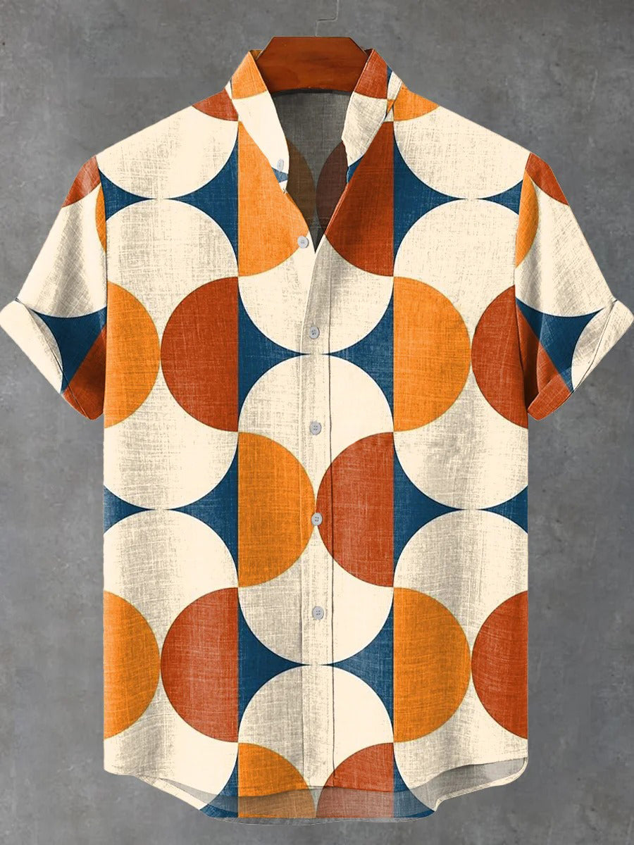 Retro Minimalist Color-block Symmetrical Geometry Print Casual 100% Cottton Shirt