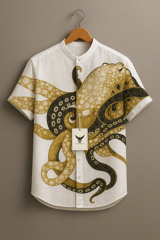 Vintage Fish Octopus Art Vintage Art Print Casual 100% Cotton Shirt